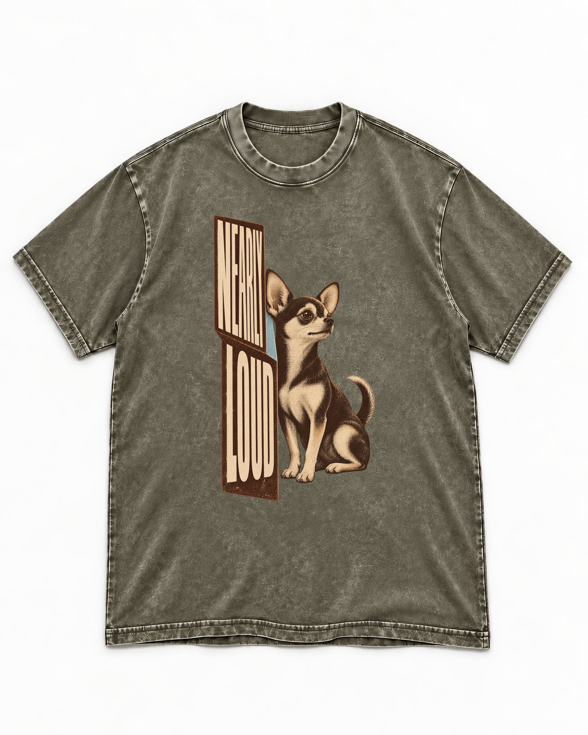 Chihuahua Never Loud Washed Tee in Army Green, flat lay product photo