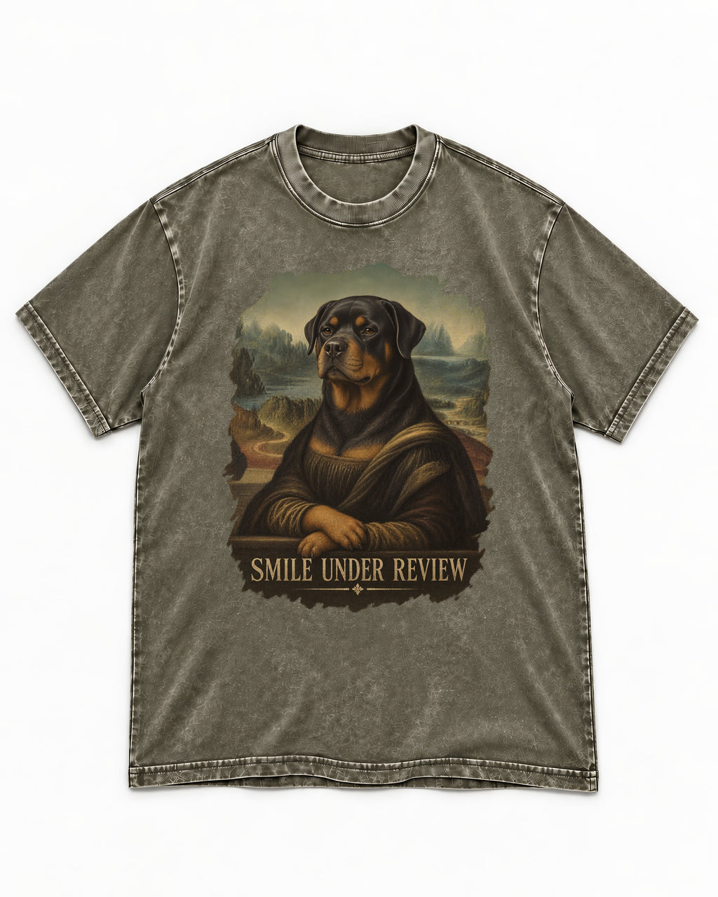 Rottweiler Smile Under Review Renaissance Portrait Graphic Washed Tee in Army Green, flat lay product photo