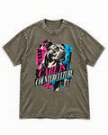 Pitbull Care Is Counterculture Neon Collage Portrait Graphic Washed Tee in Army Green, flat lay product photo