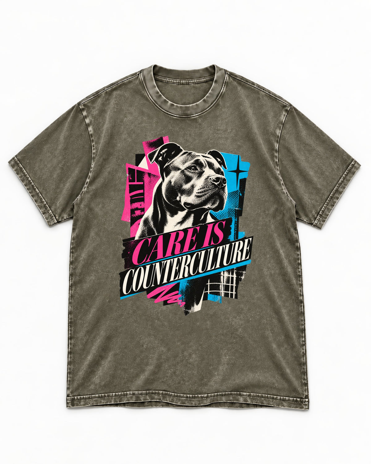 Pitbull Care Is Counterculture Neon Collage Portrait Graphic Washed Tee in Army Green, flat lay product photo