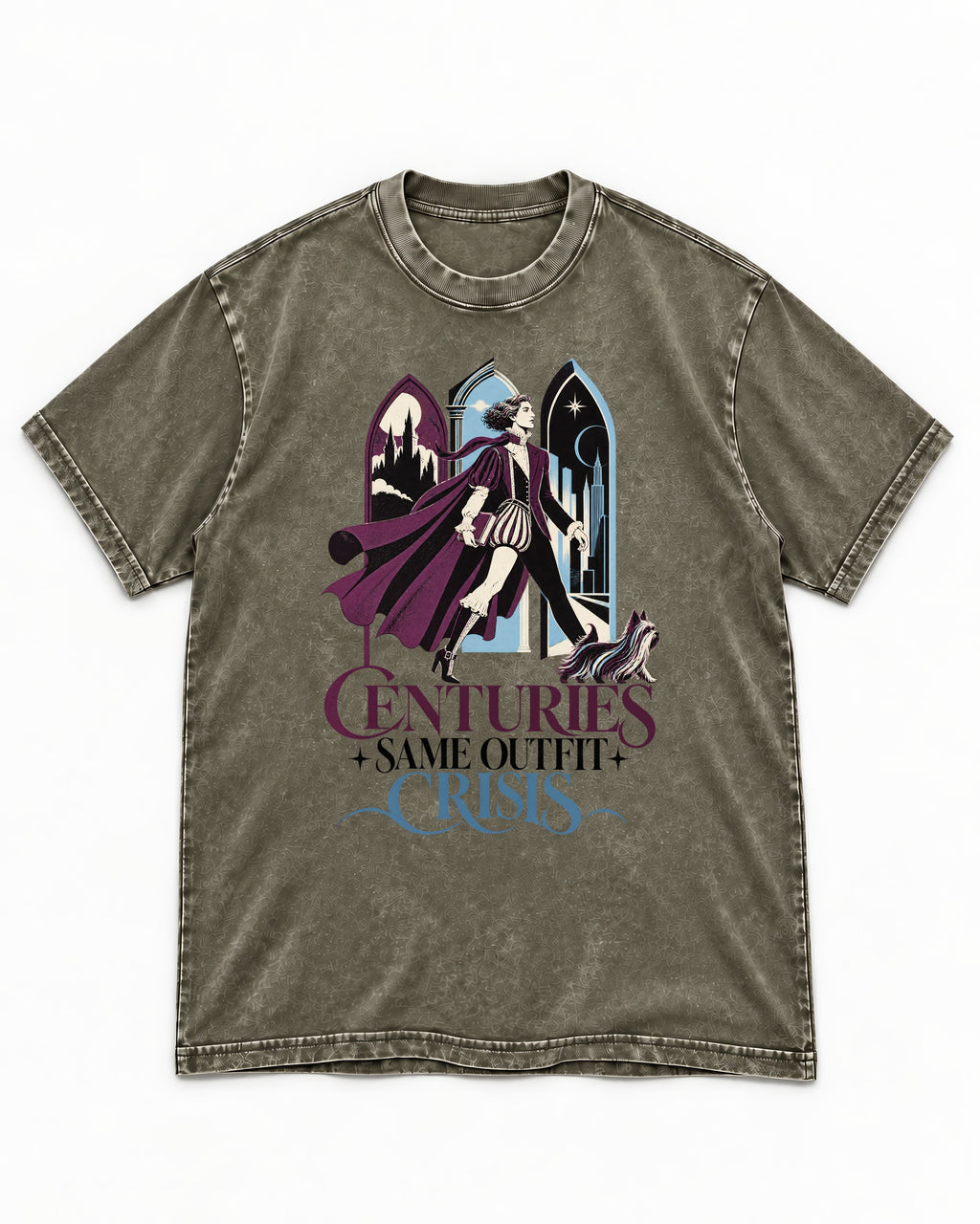 Yorkshire Terrier Centuries Same Outfit Crisis Gothic Graphic Washed Tee in Army Green, flat lay product photo
