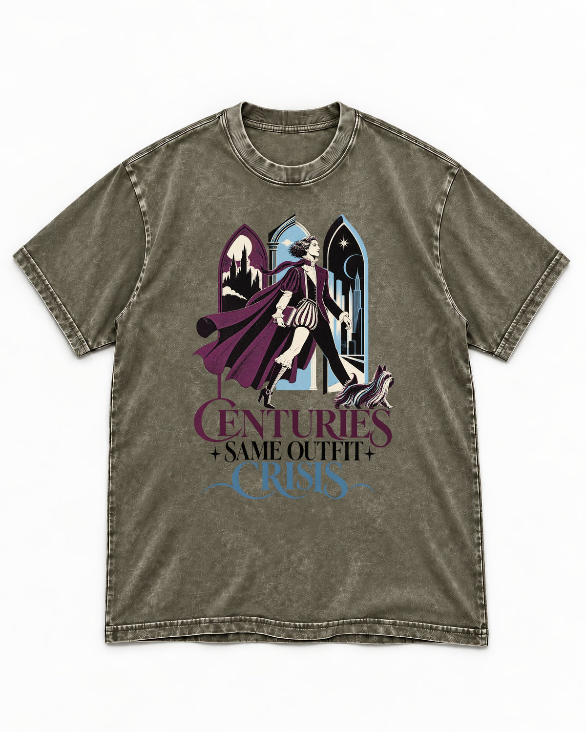 Yorkshire Terrier Centuries Same Outfit Crisis Gothic Graphic Washed Tee in Army Green, flat lay product photo