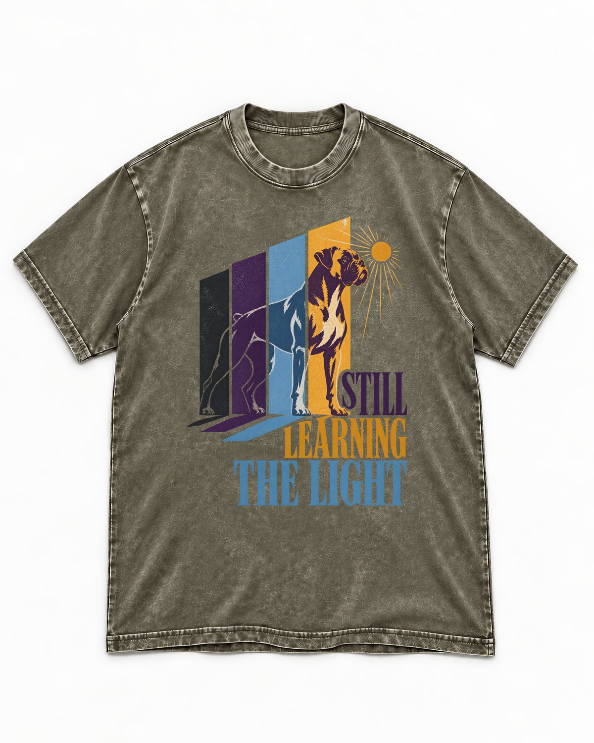 Still Learning the Light Boxer Doorway Progression Graphic Washed Tee in Army Green, flat lay product photo