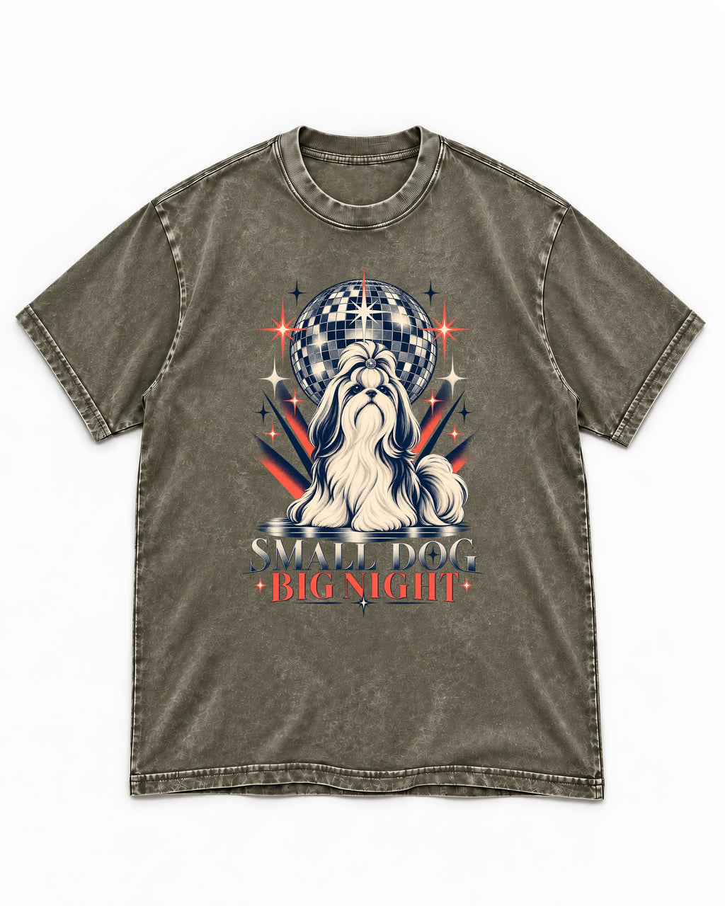Shih Tzu Small Dog Big Night Disco Graphic Washed Tee in Army Green, flat lay product photo