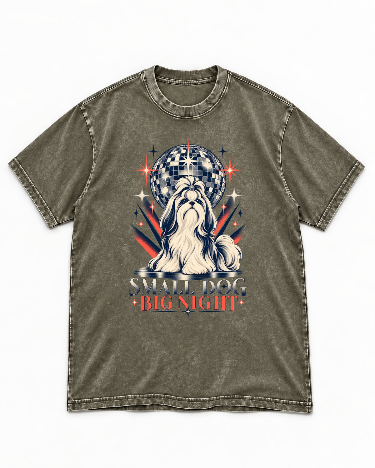 Shih Tzu Small Dog Big Night Disco Graphic Washed Tee in Army Green, flat lay product photo