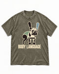 Frenchie Body Language Punctuation Graphic Washed Tee in Army Green, flat lay product photo