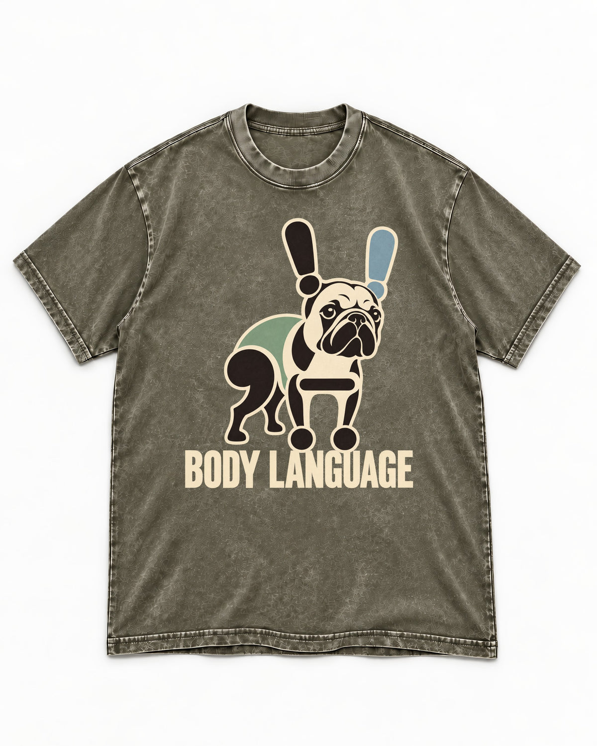 Frenchie Body Language Punctuation Graphic Washed Tee in Army Green, flat lay product photo