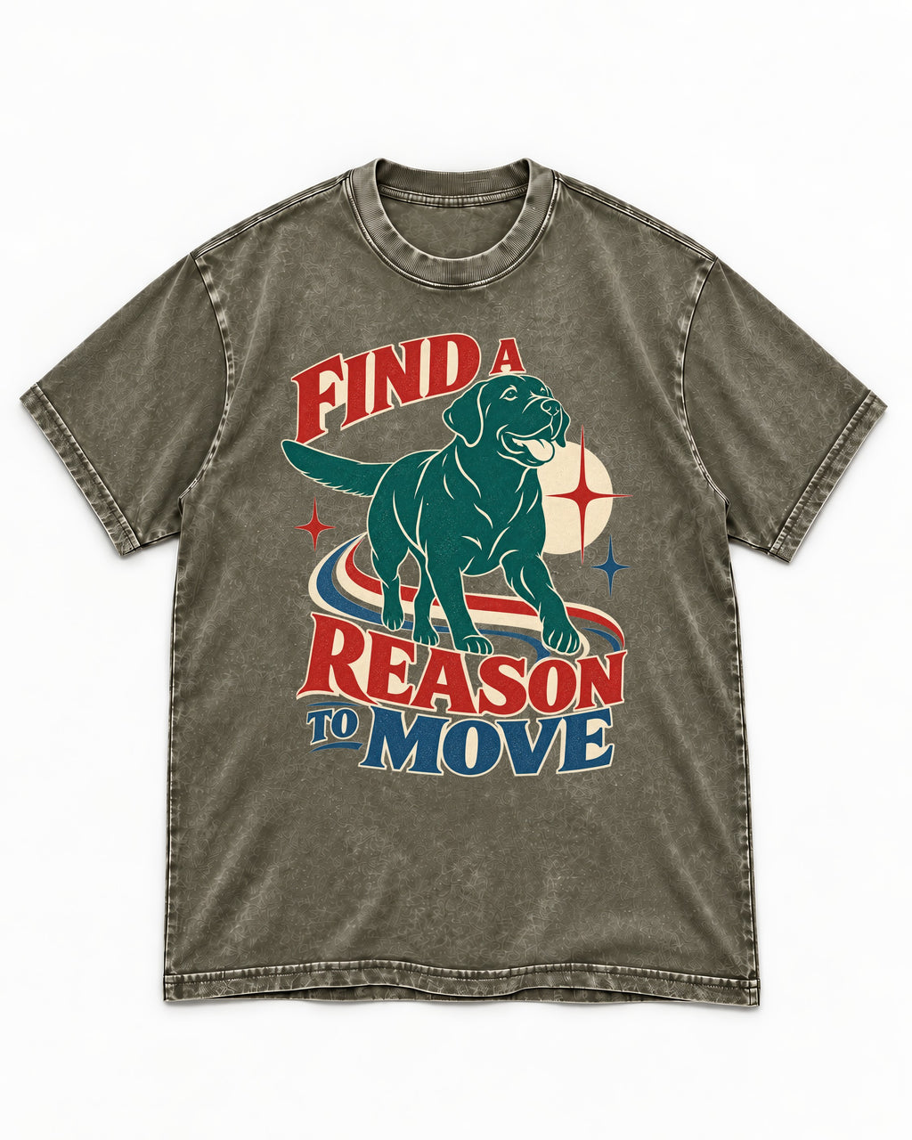 Labrador Retriever Find a Reason to Move Retro Dog Graphic Washed Tee in Army Green, flat lay product photo