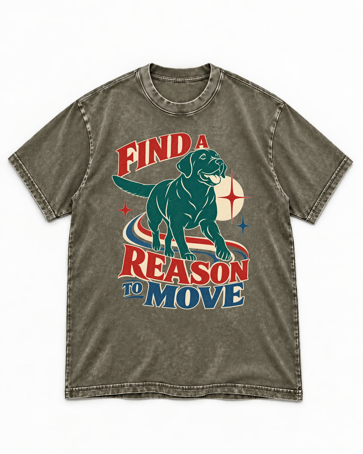 Labrador Retriever Find a Reason to Move Retro Dog Graphic Washed Tee in Army Green, flat lay product photo