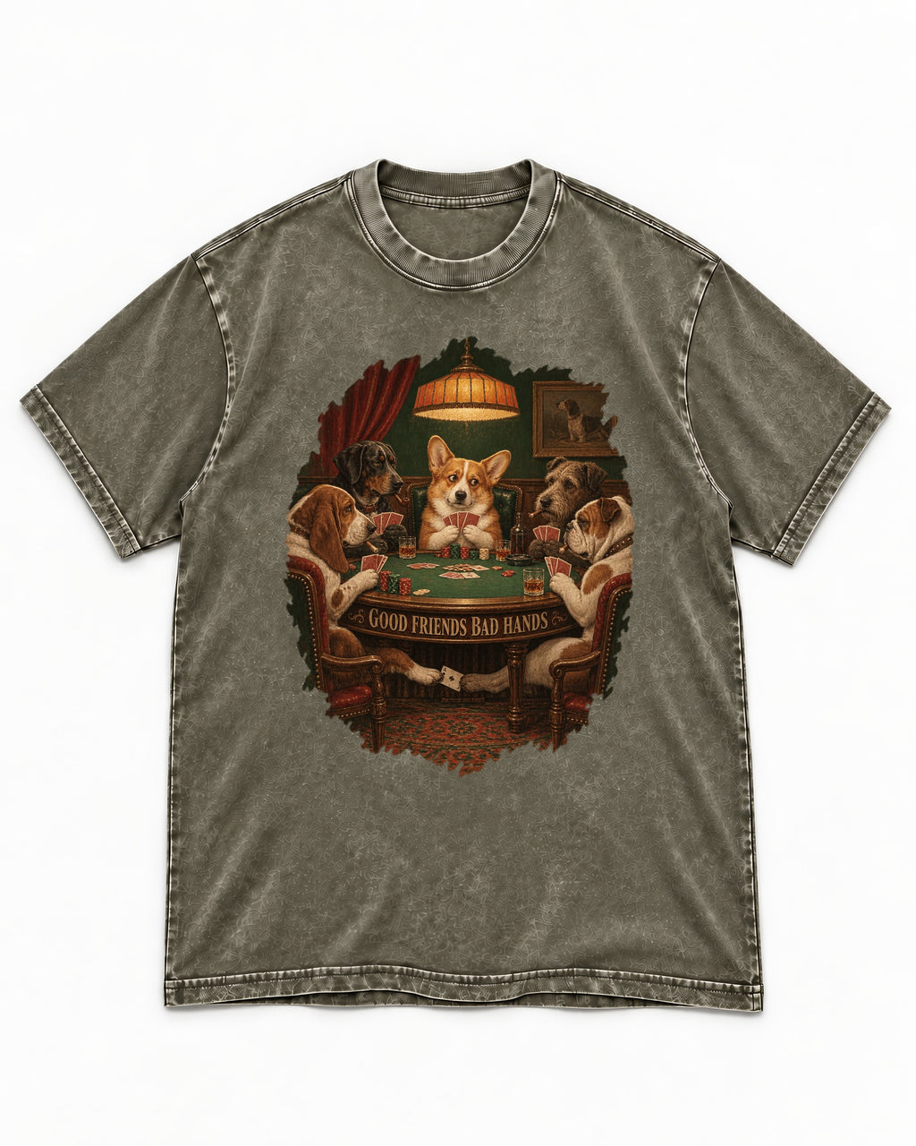 Corgi Good Friends Bad Hands Poker Night Washed Tee in Army Green, flat lay product photo