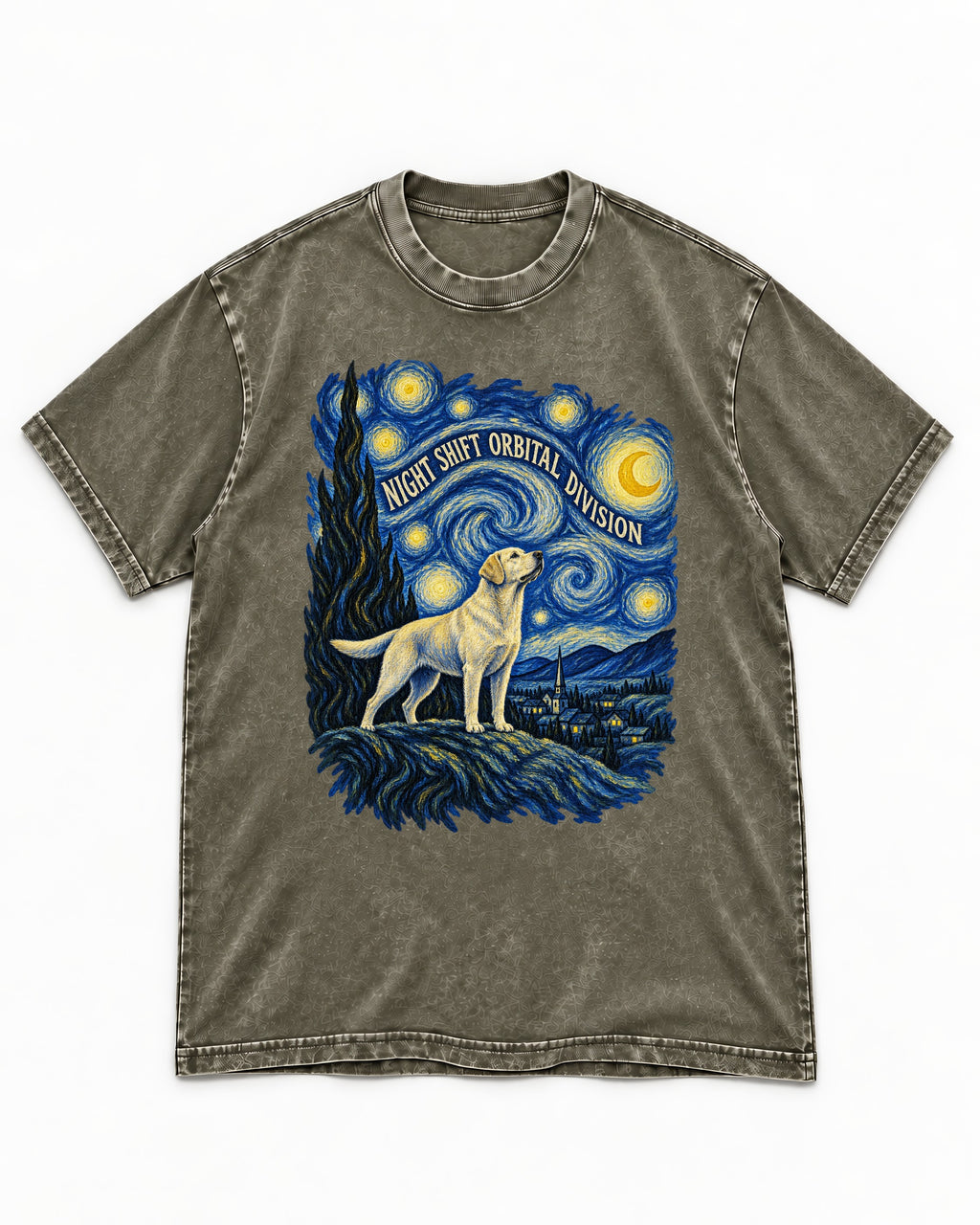 Labrador Retriever Night Shift Orbital Division Starry Night Graphic Washed Tee in Army Green, flat lay product photo
