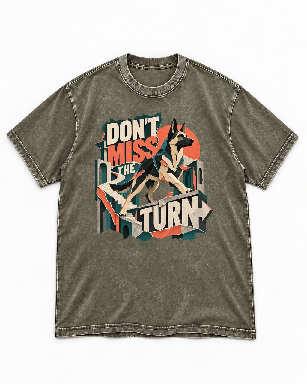 Dont Miss The Turn Escher Staircase German Shepherd Dog Graphic Washed Tee in Army Green, flat lay product photo