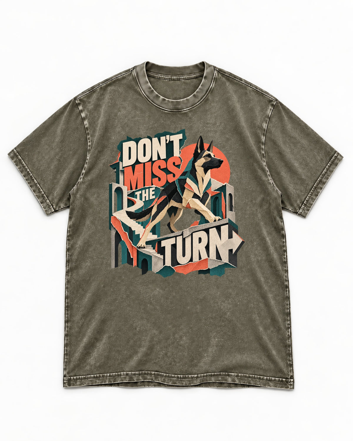 Dont Miss The Turn Escher Staircase German Shepherd Dog Graphic Washed Tee in Army Green, flat lay product photo