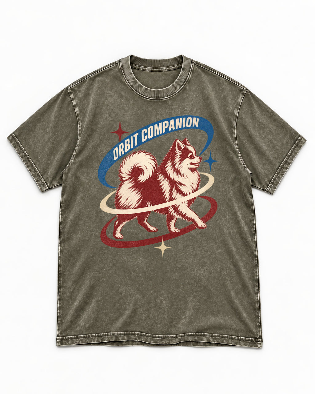 Pomeranian Orbit Companion Retro Space Graphic Washed Tee in Army Green, flat lay product photo