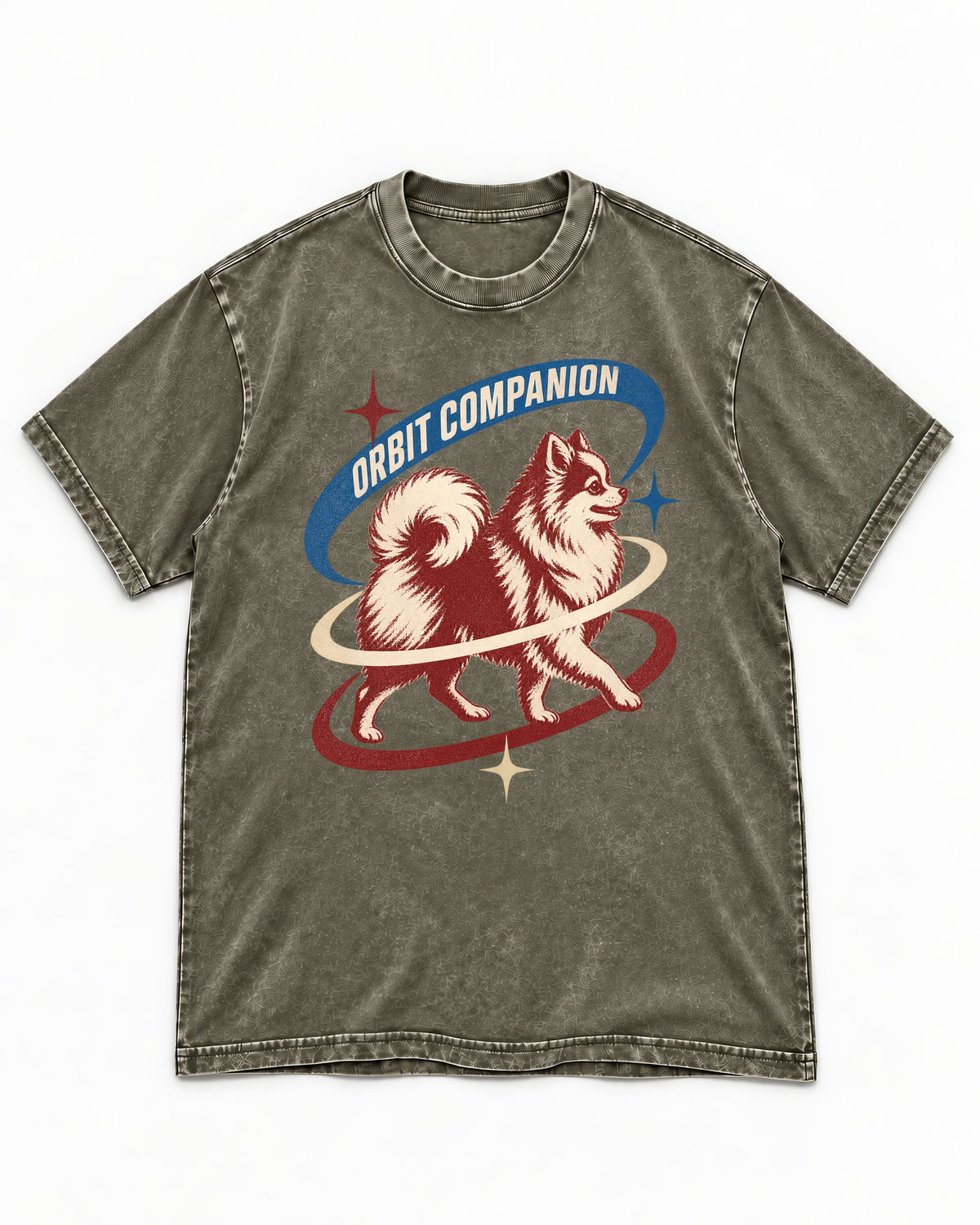 Pomeranian Orbit Companion Retro Space Graphic Washed Tee in Army Green, flat lay product photo