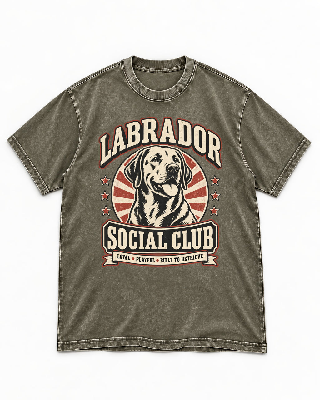 Labrador Retriever Social Club Loyal Playful Built to Retrieve Badge Graphic Washed Tee in Army Green, flat lay product photo