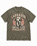 Labrador Retriever Social Club Loyal Playful Built to Retrieve Badge Graphic Washed Tee in Army Green, flat lay product photo