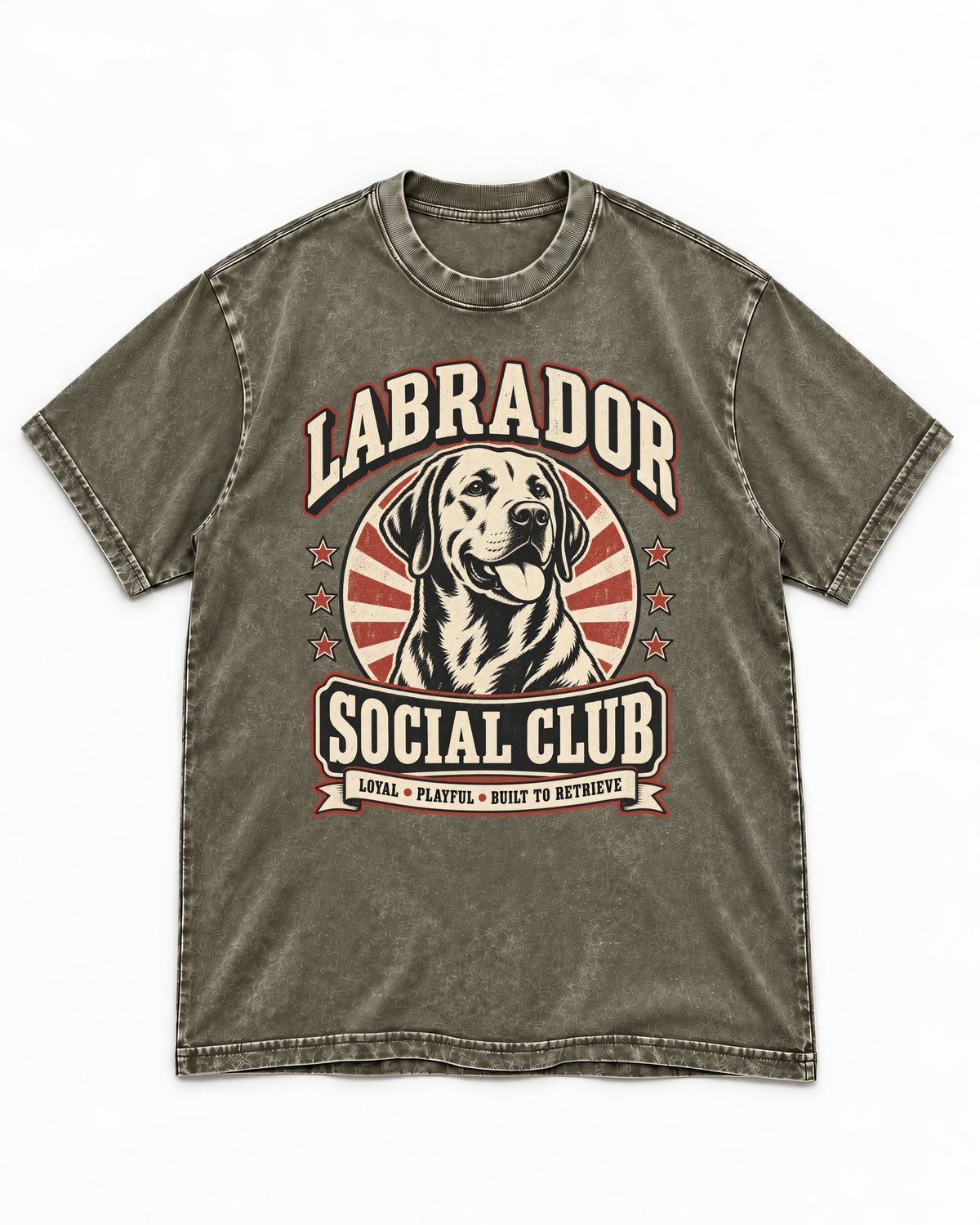 Labrador Retriever Social Club Loyal Playful Built to Retrieve Badge Graphic Washed Tee in Army Green, flat lay product photo