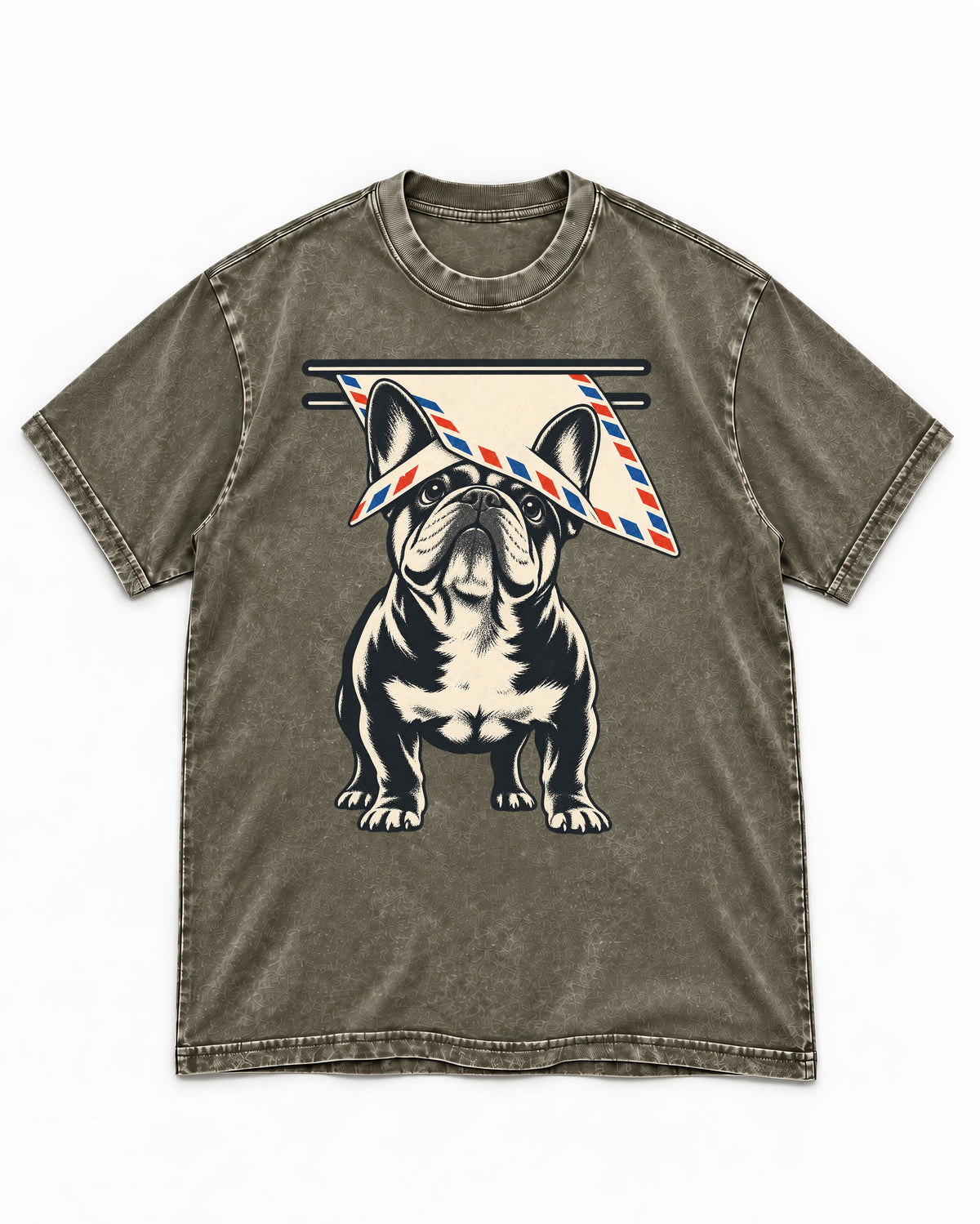 Frenchie Mail Slot Intercept Graphic Washed Tee in Army Green, flat lay product photo