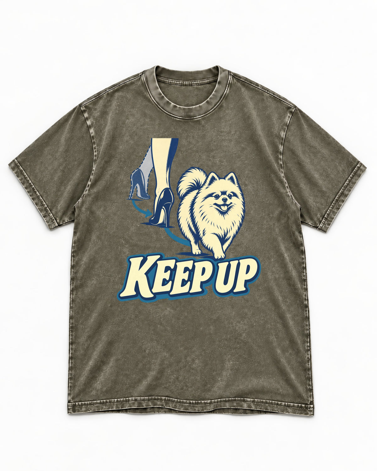 Pomeranian Keep Up High Heel Chase Graphic Washed Tee in Army Green, flat lay product photo