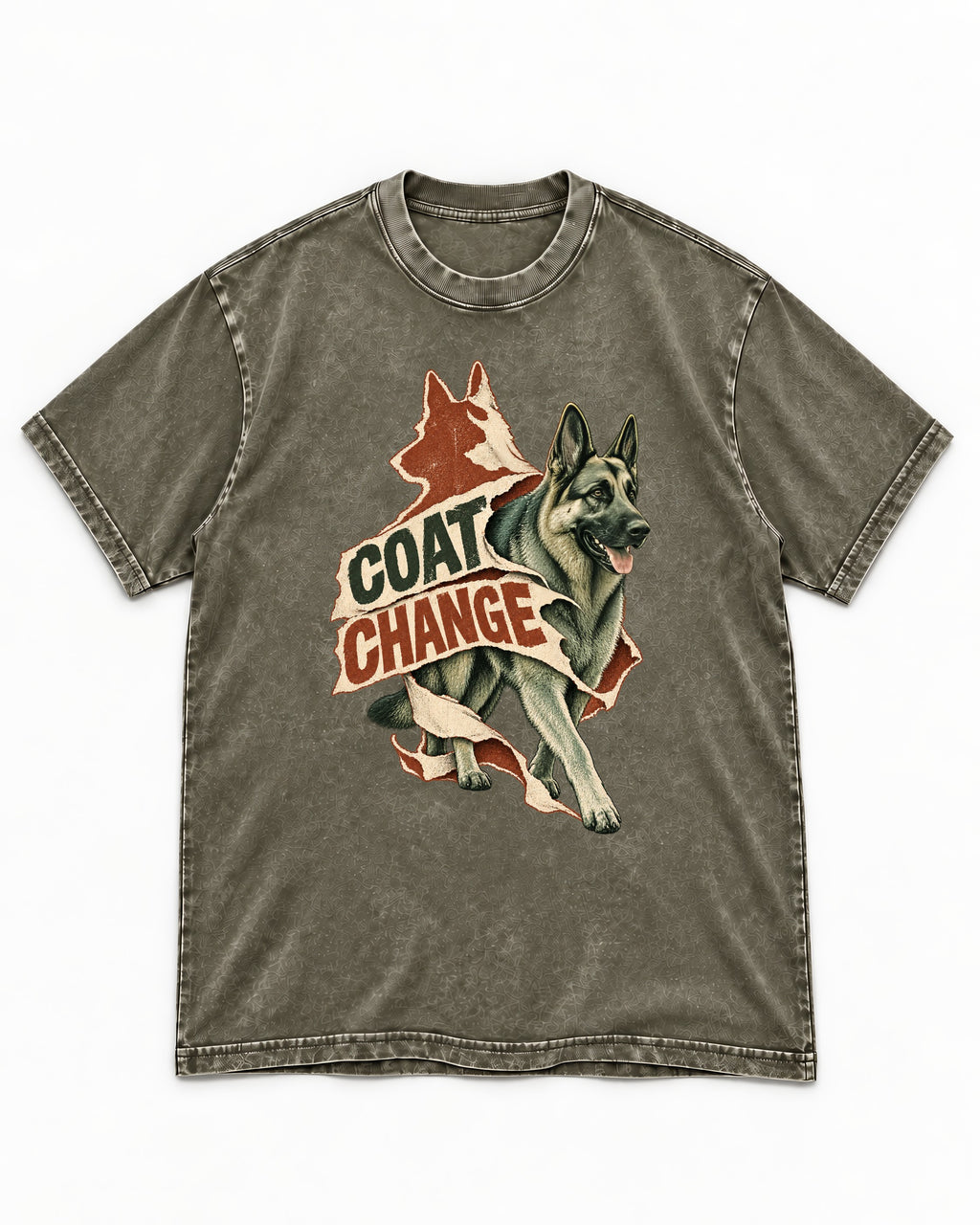 Coat Change Running German Shepherd Dog Ribbon Graphic Washed Tee in Army Green, flat lay product photo