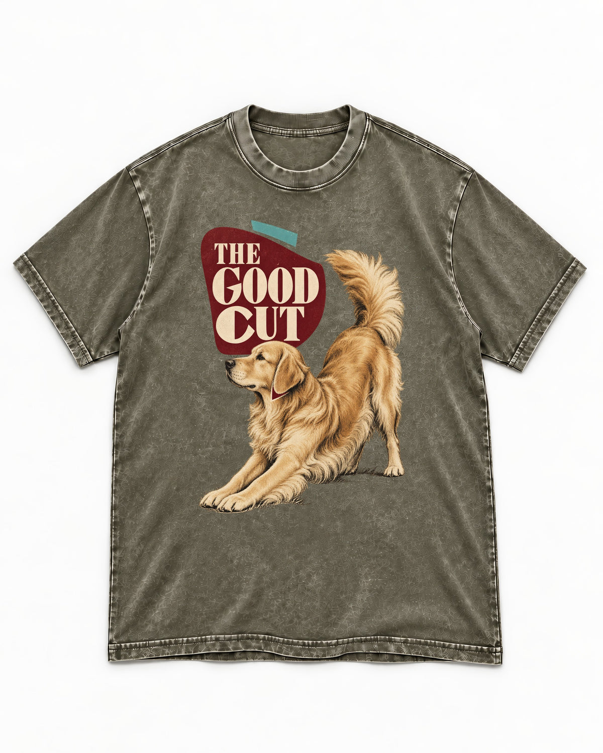 Golden Retriever The Good Cut Play Bow Graphic Washed Tee in Army Green, flat lay product photo