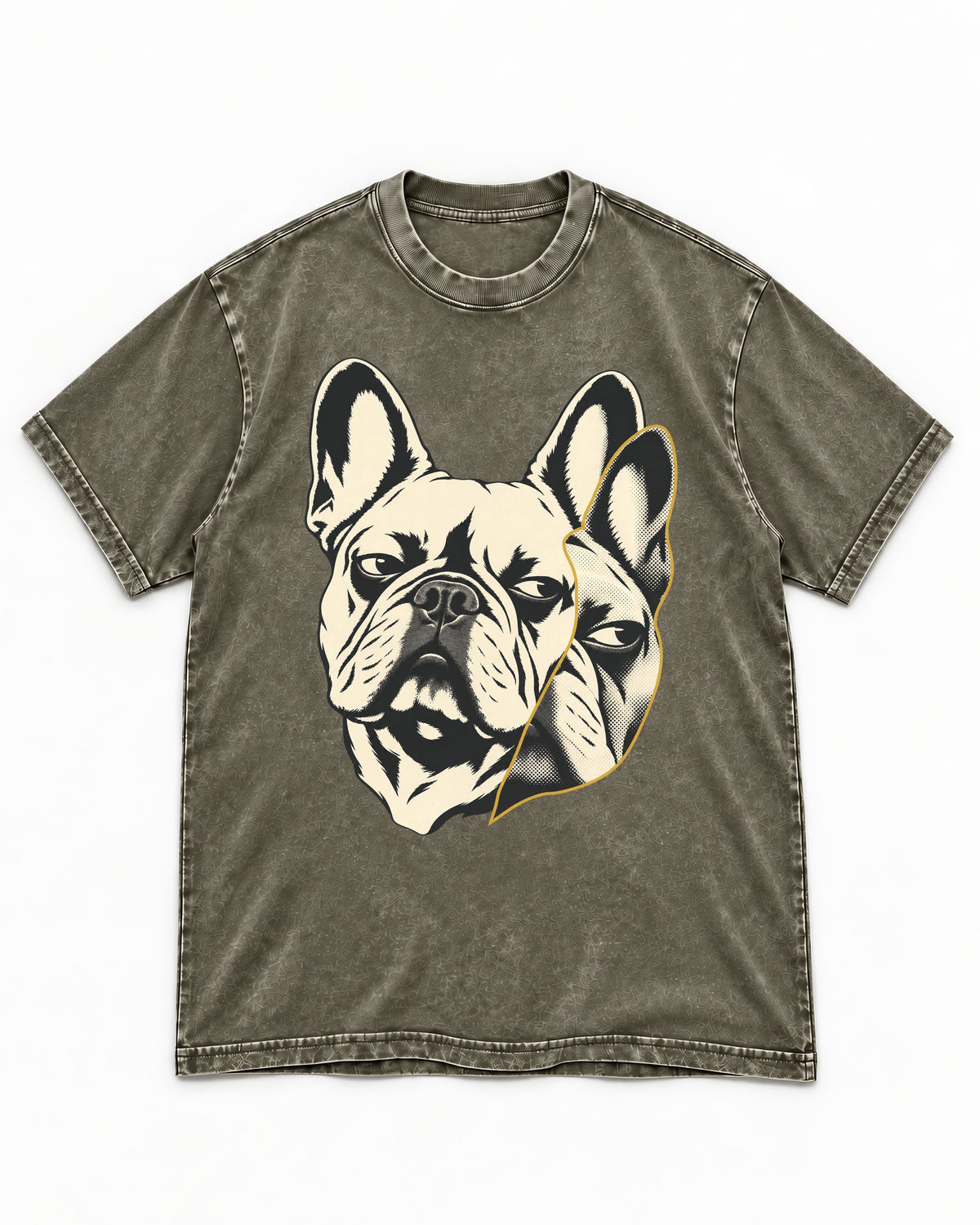 Frenchie Double Crop Side Eye Portrait Graphic Washed Tee in Army Green, flat lay product photo