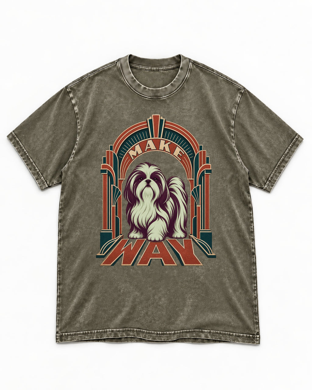 Shih Tzu Make Way Art Deco Arch Portrait Washed Tee in Army Green, flat lay product photo