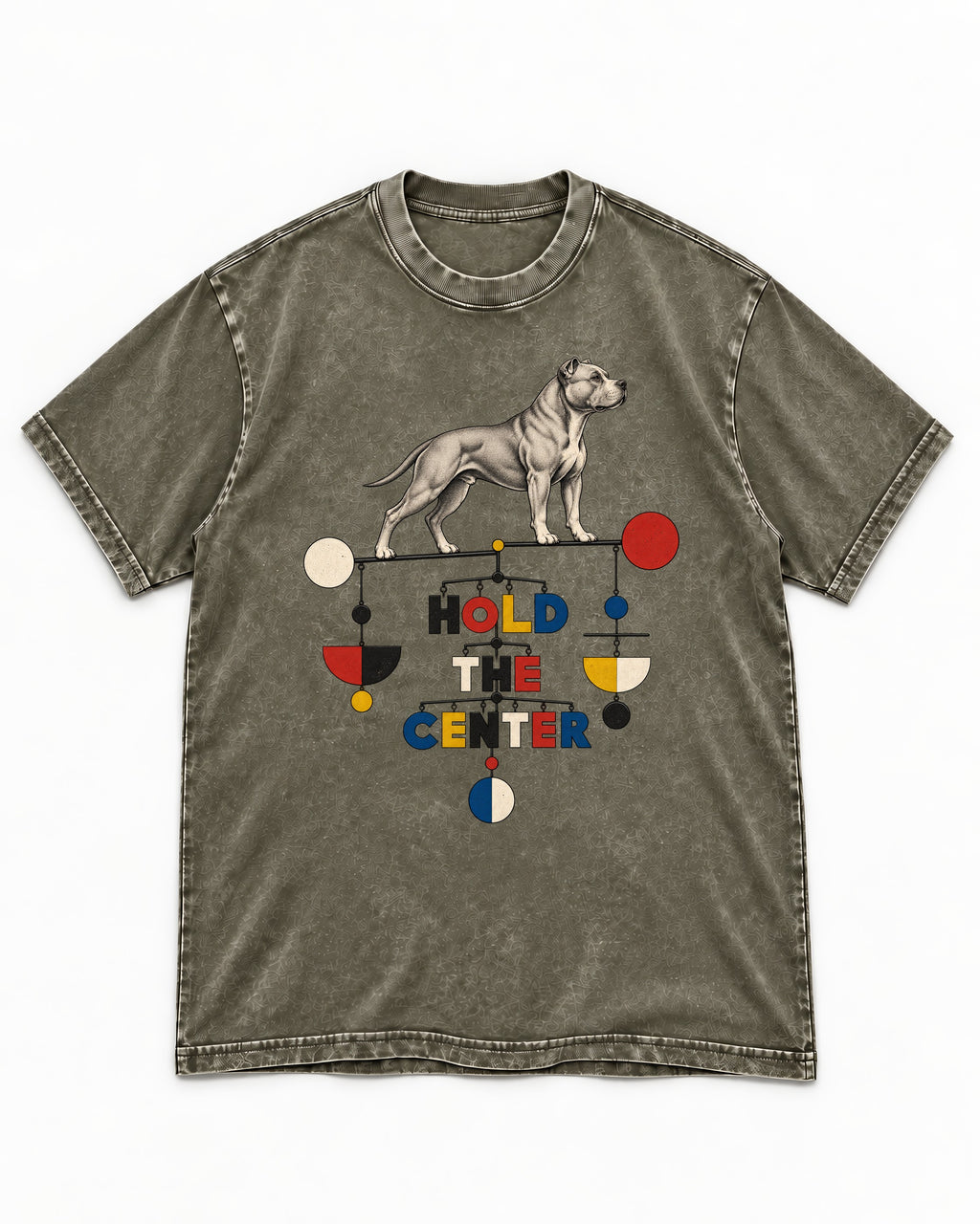 Pitbull Hold the Center Balance Mobile Graphic Washed Tee in Army Green, flat lay product photo