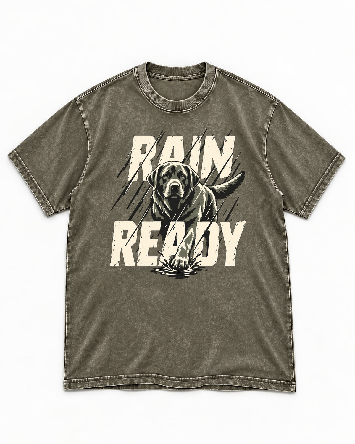 Labrador Retriever Rain Ready Charging Splash Graphic Washed Tee in Army Green, flat lay product photo