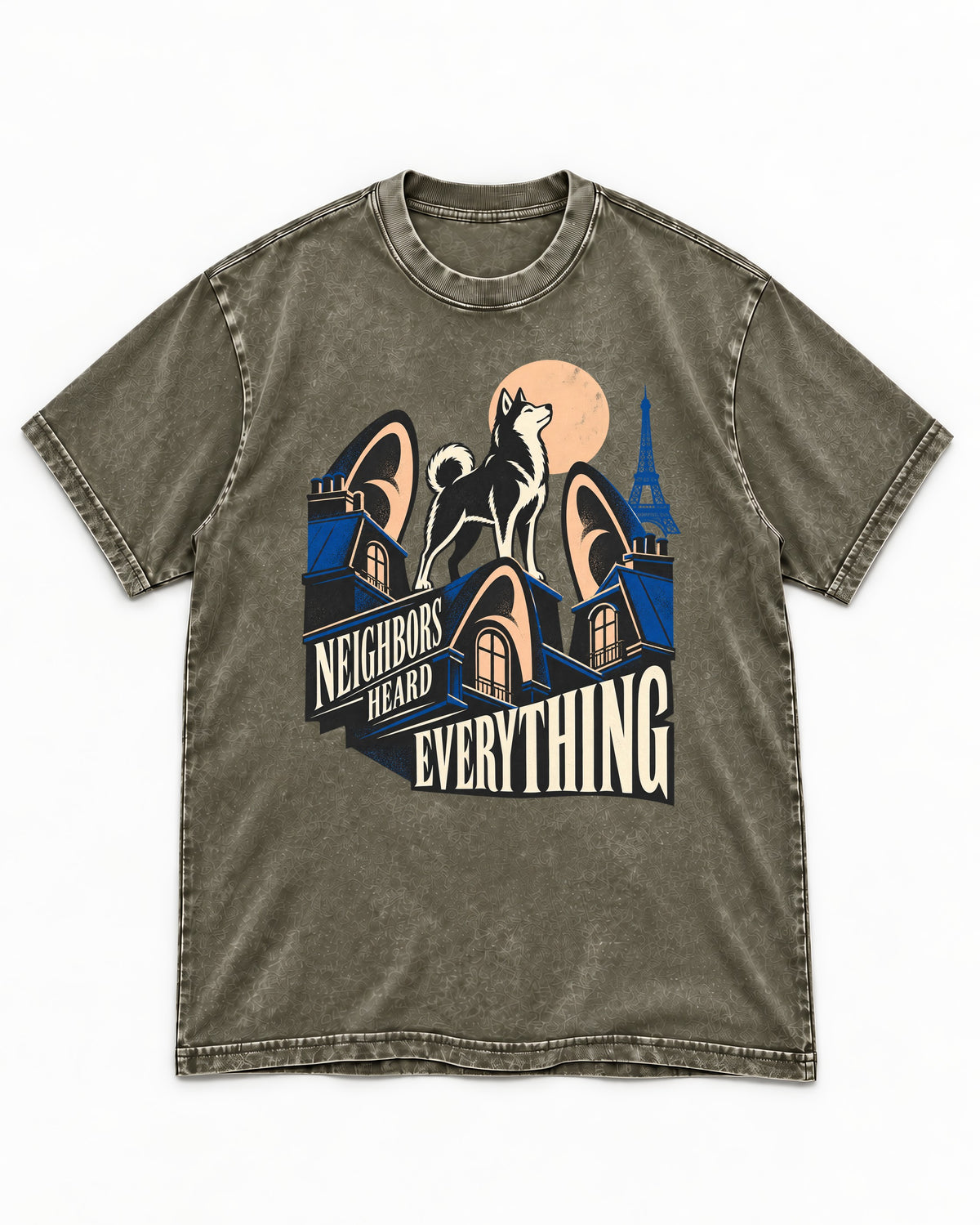 Husky Neighbors Heard Everything Paris Rooftop Graphic Washed Tee in Army Green, flat lay product photo