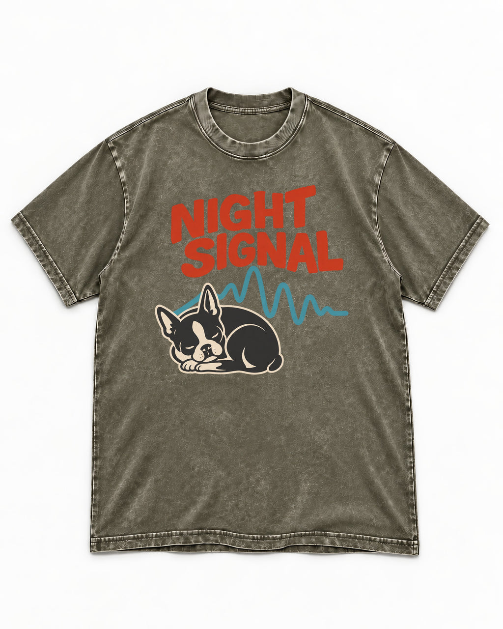 Boston Terrier Sleeping Night Signal Washed Tee in Army Green, flat lay product photo