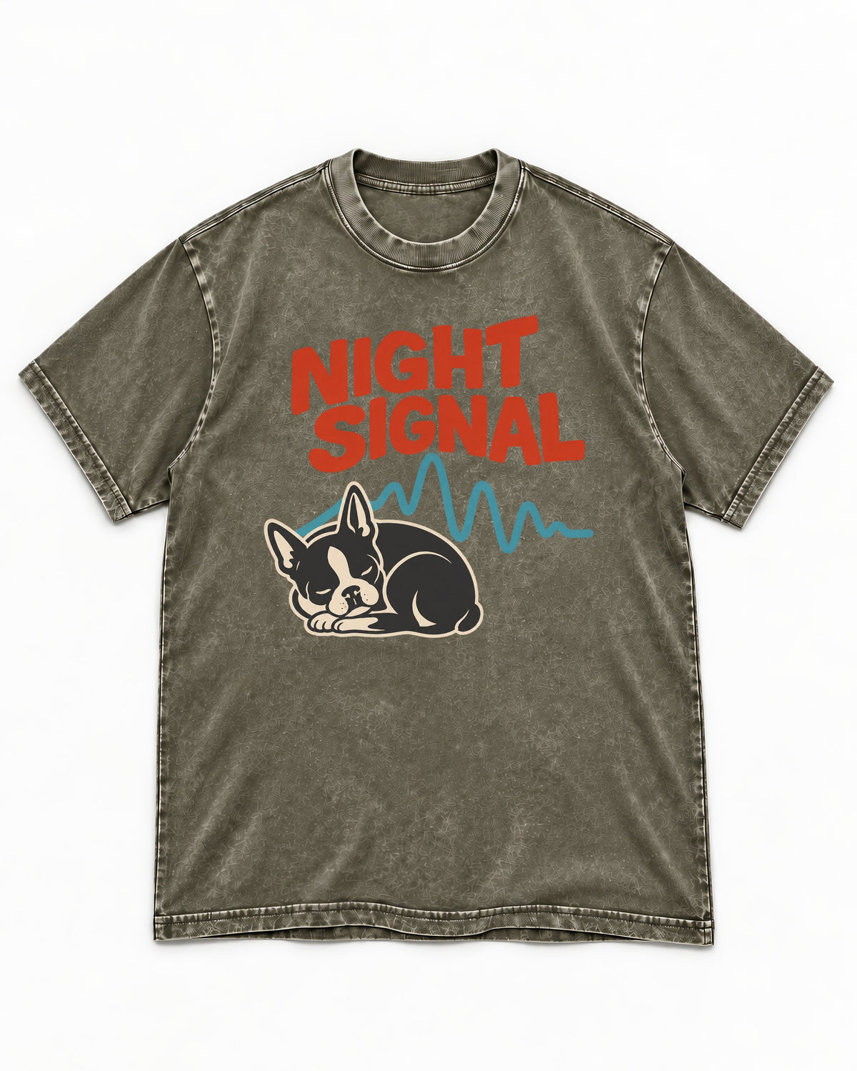 Boston Terrier Sleeping Night Signal Washed Tee in Army Green, flat lay product photo