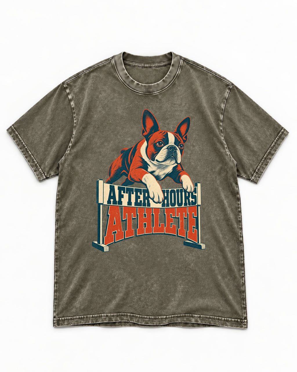 After Hours Athlete Boston Terrier Washed Tee in Army Green, flat lay product photo
