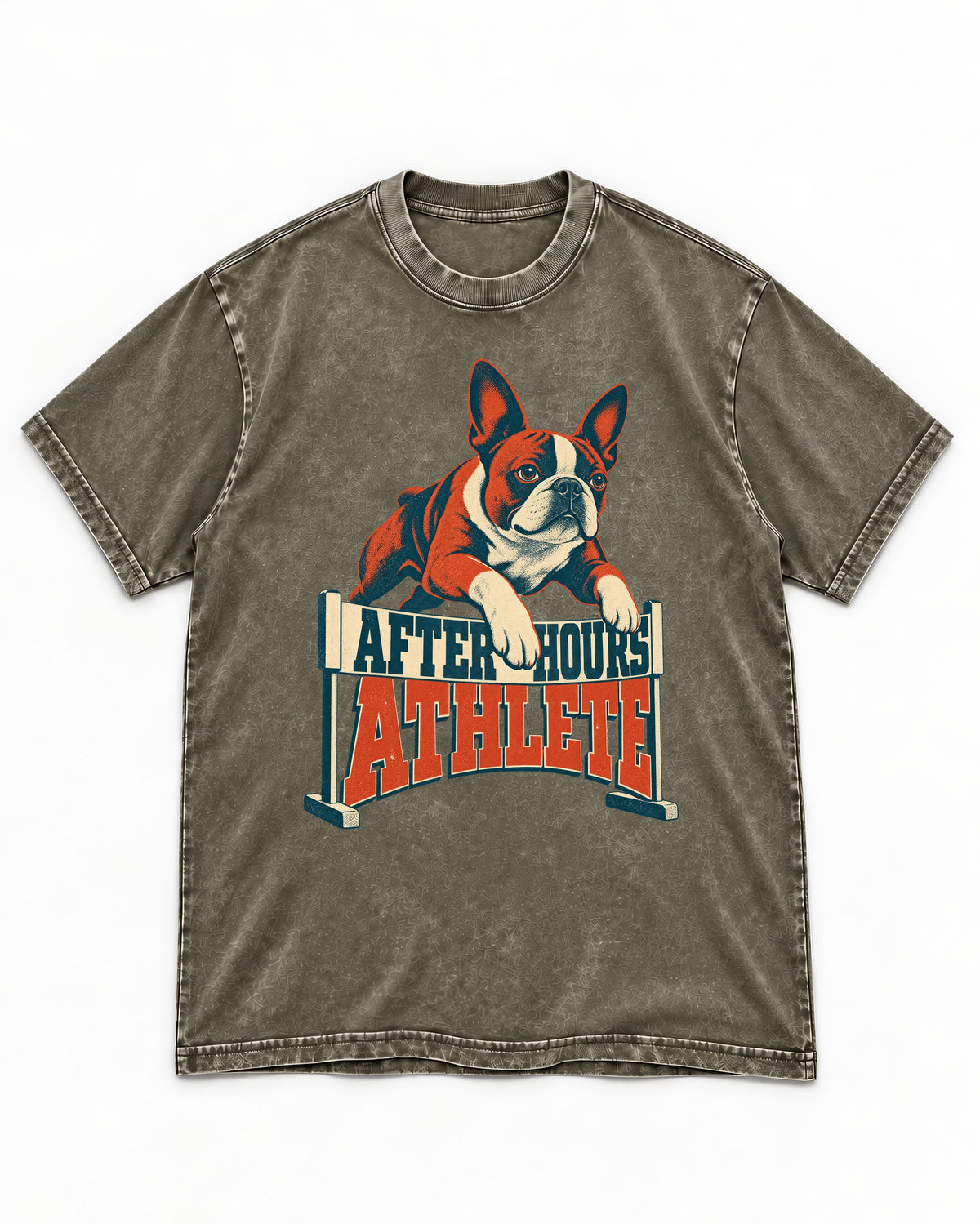 After Hours Athlete Boston Terrier Washed Tee in Army Green, flat lay product photo
