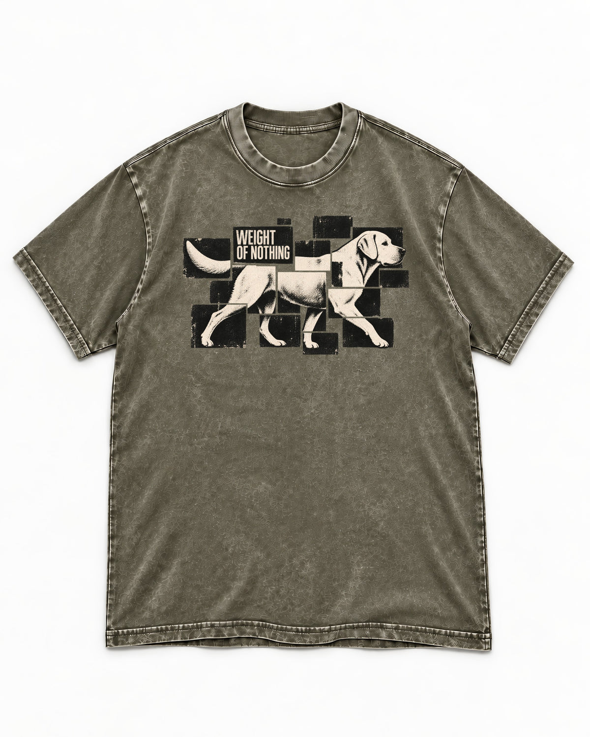 Labrador Retriever Weight of Nothing Fragmented Tile Graphic Washed Tee in Army Green, flat lay product photo