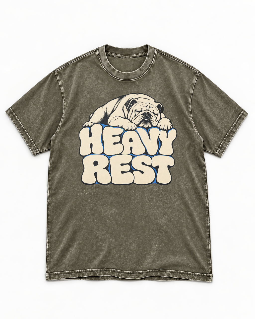 English Bulldog Heavy Rest Graphic Washed Tee in Army Green, flat lay product photo