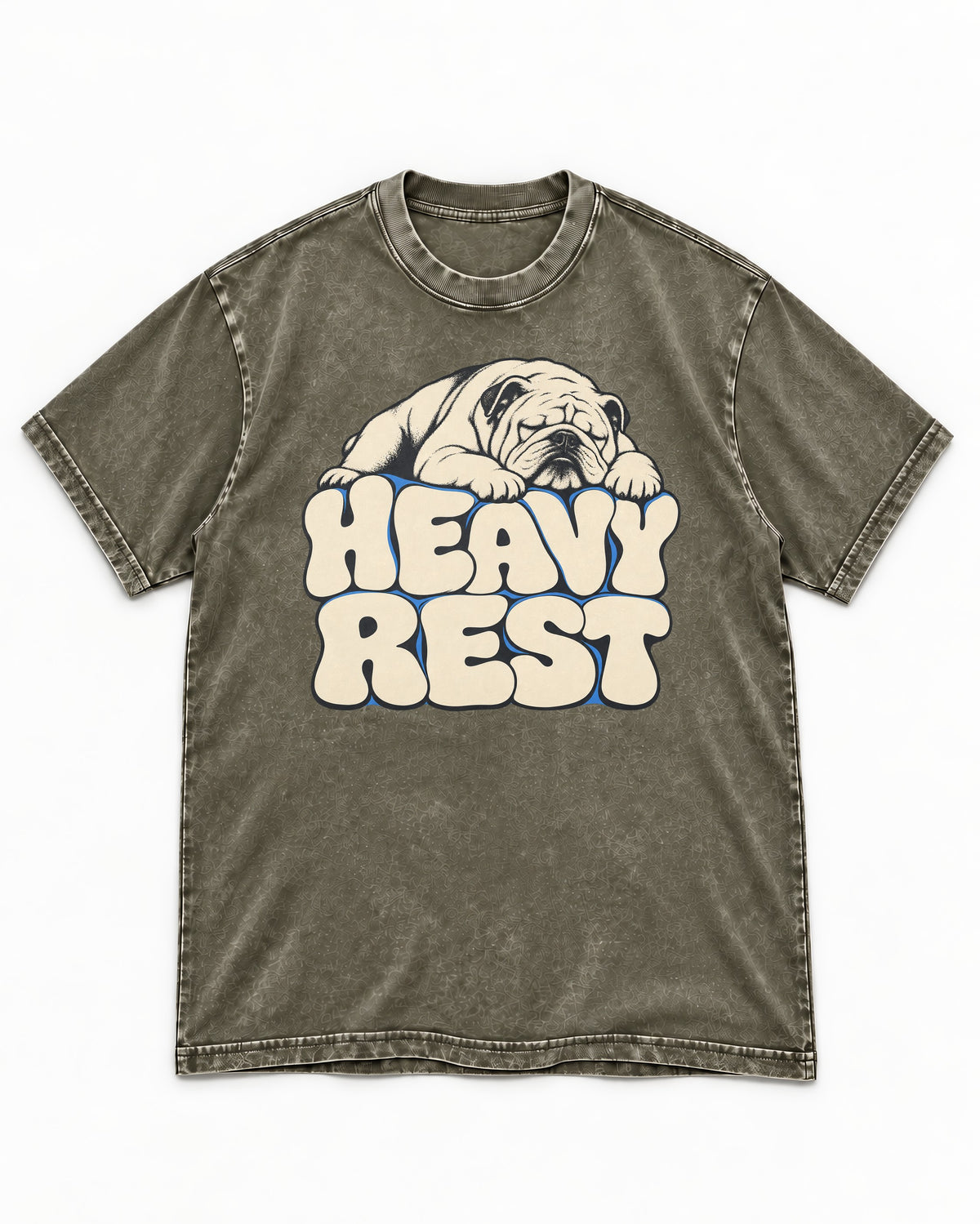English Bulldog Heavy Rest Graphic Washed Tee in Army Green, flat lay product photo