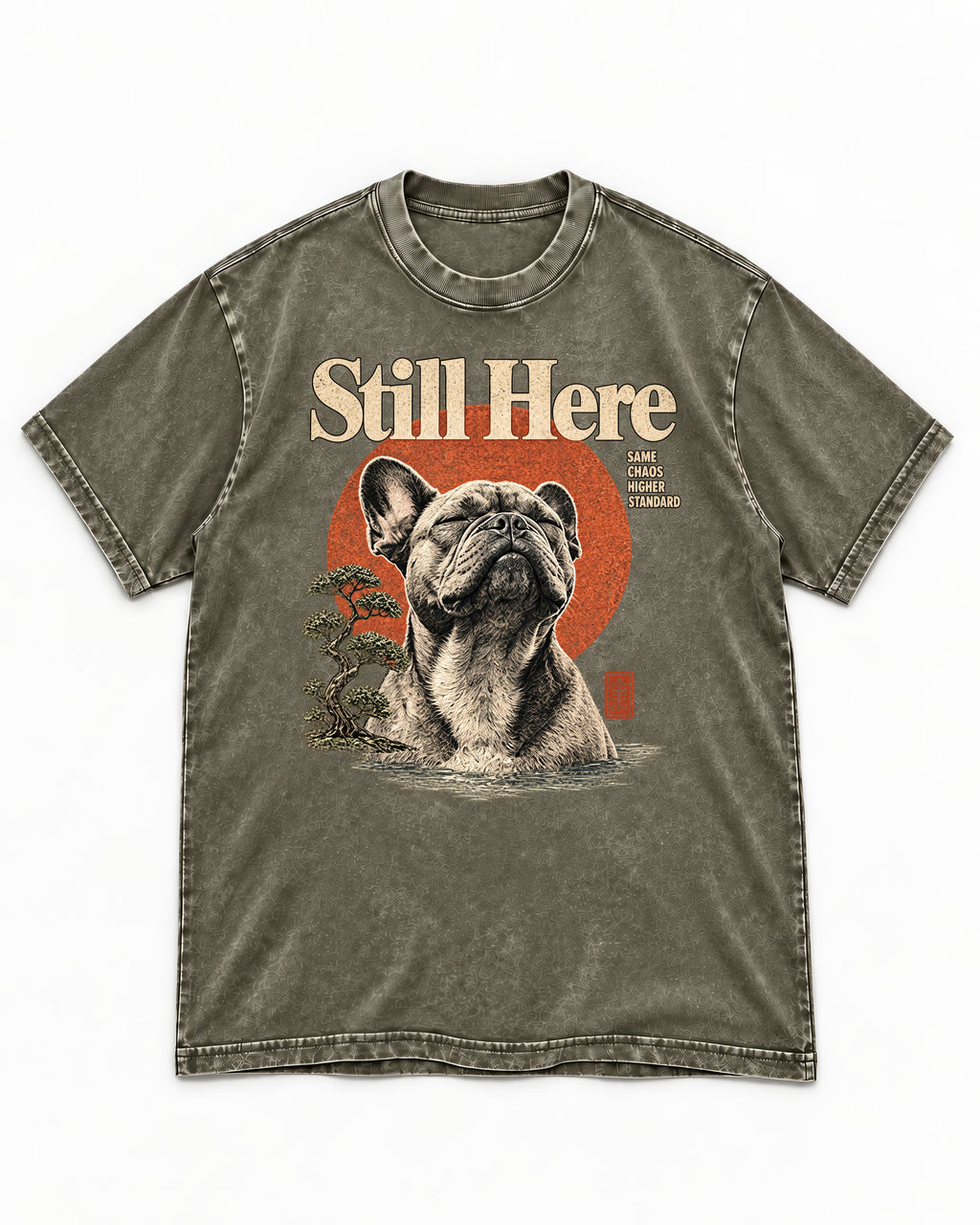 Frenchie Still Here Bonsai Portrait Graphic Washed Tee in Army Green, flat lay product photo