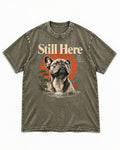 Frenchie Still Here Bonsai Portrait Graphic Washed Tee in Army Green, flat lay product photo