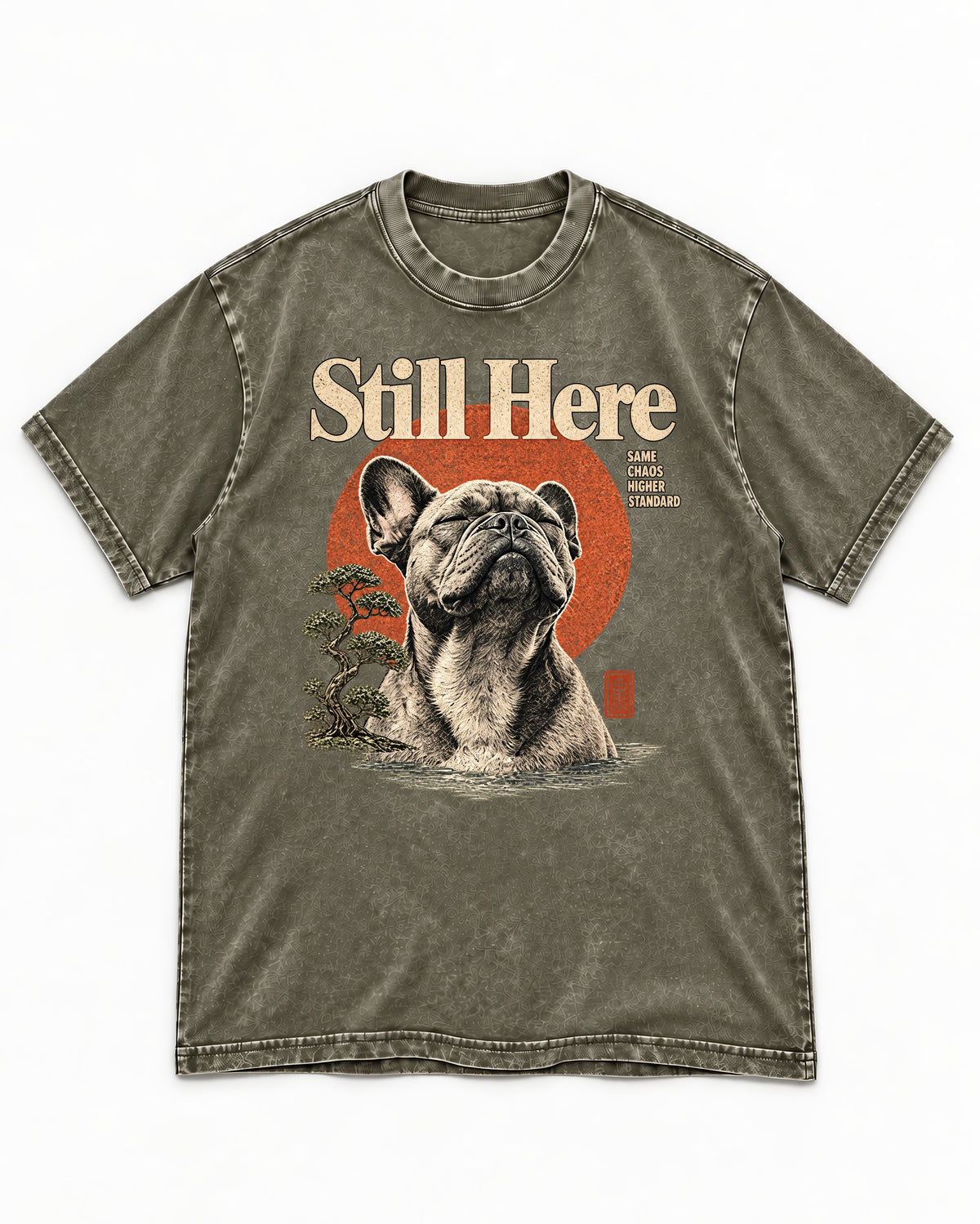 Frenchie Still Here Bonsai Portrait Graphic Washed Tee in Army Green, flat lay product photo