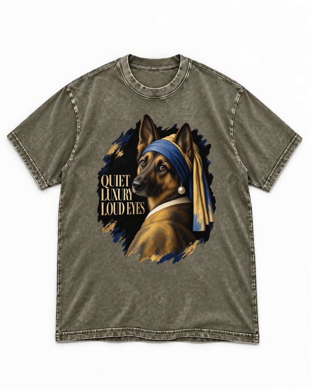 German Shepherd Dog Quiet Luxury Loud Eyes Pearl Portrait Washed Tee in Army Green, flat lay product photo