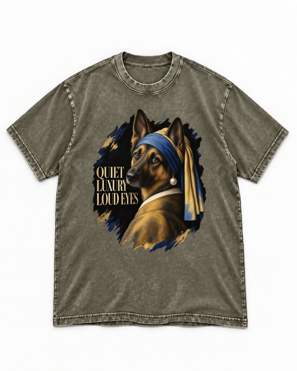 German Shepherd Dog Quiet Luxury Loud Eyes Pearl Portrait Washed Tee in Army Green, flat lay product photo