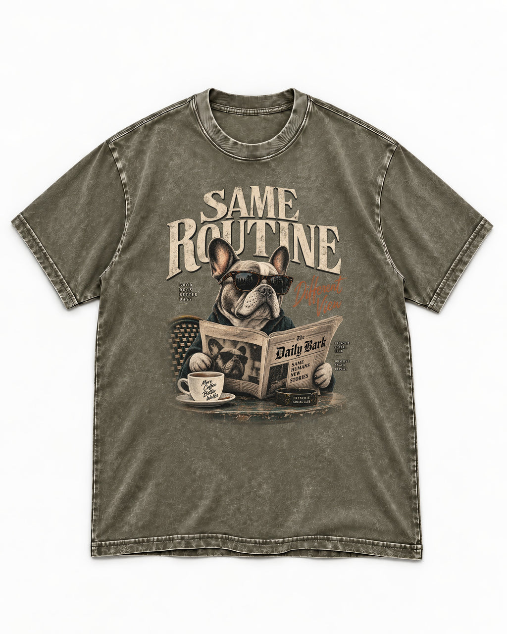 Frenchie Same Routine Different View Graphic Washed Tee in Army Green, flat lay product photo