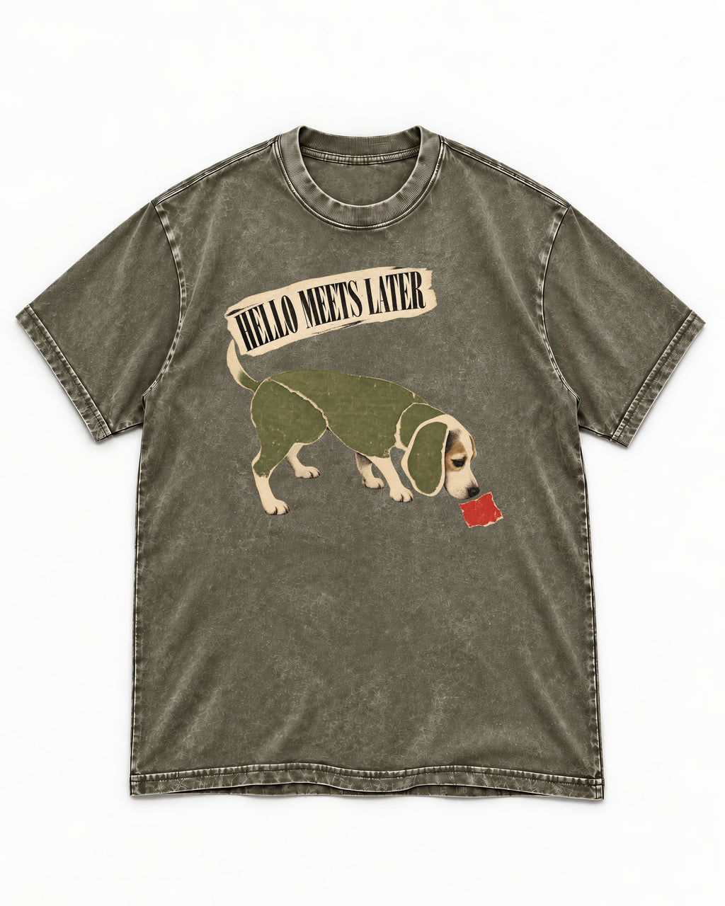 Twenty Minutes Later Beagle Washed Tee in Army Green, flat lay product photo