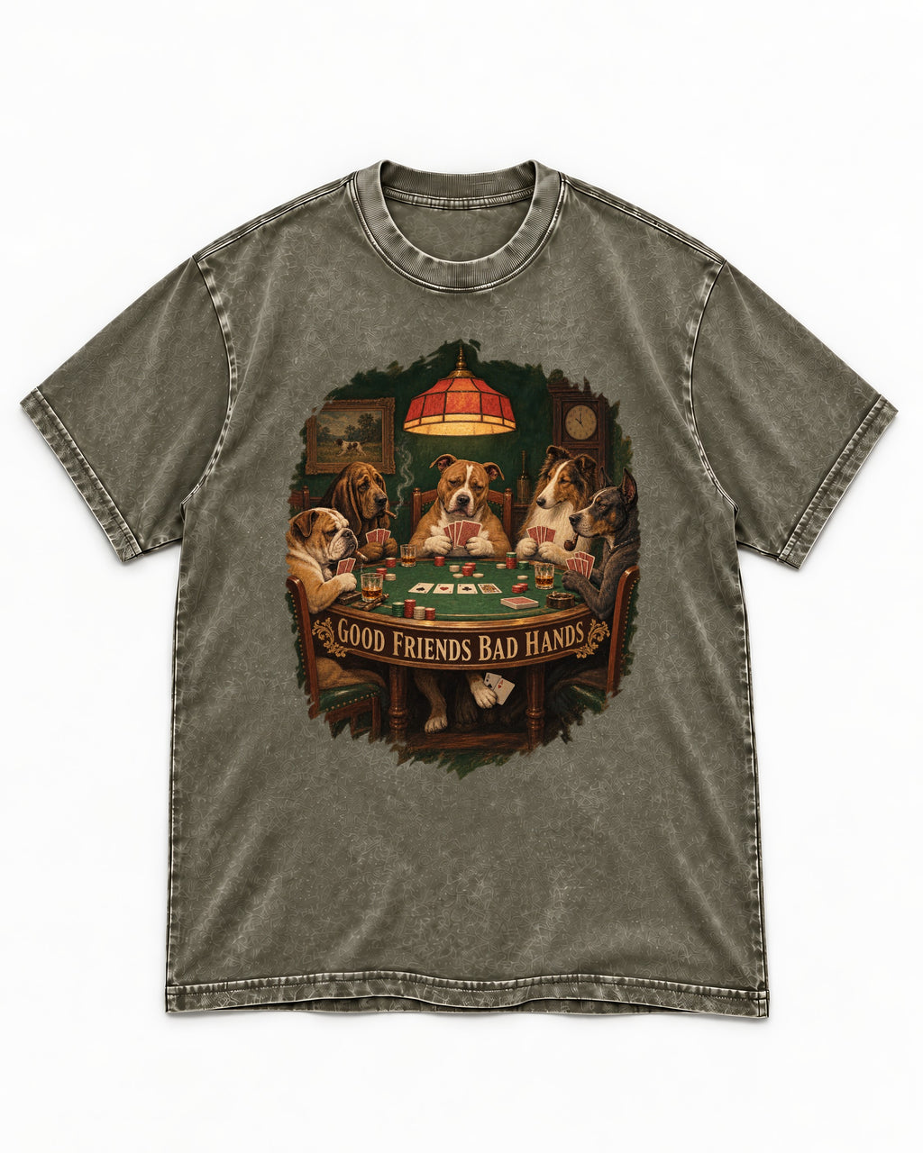 Pitbull Good Friends Bad Hands Poker Night Graphic Washed Tee in Army Green, flat lay product photo