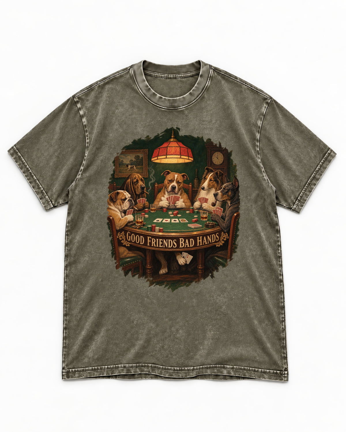 Pitbull Good Friends Bad Hands Poker Night Graphic Washed Tee in Army Green, flat lay product photo