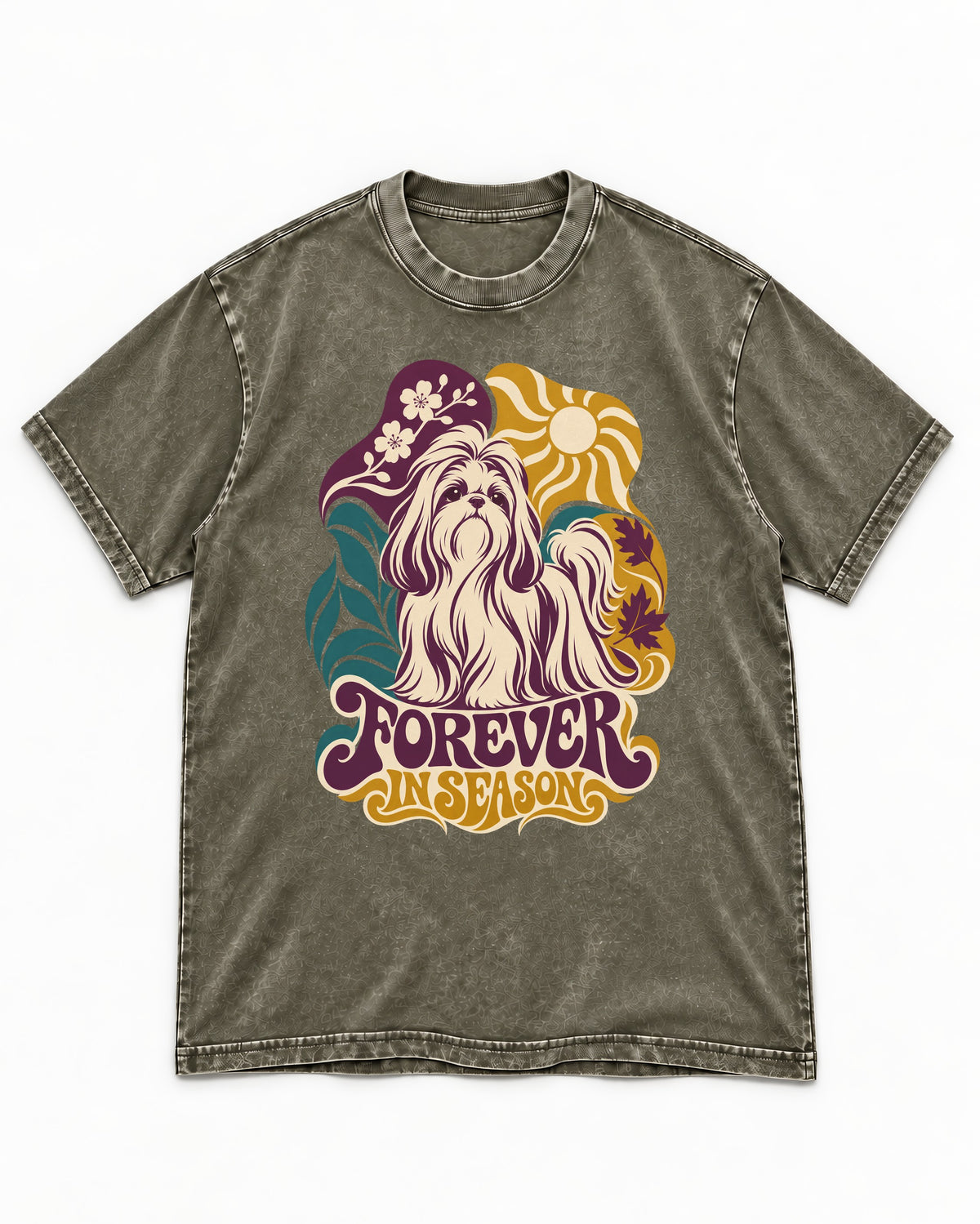 Shih Tzu Forever in Season Botanical Sun Graphic Washed Tee in Army Green, flat lay product photo