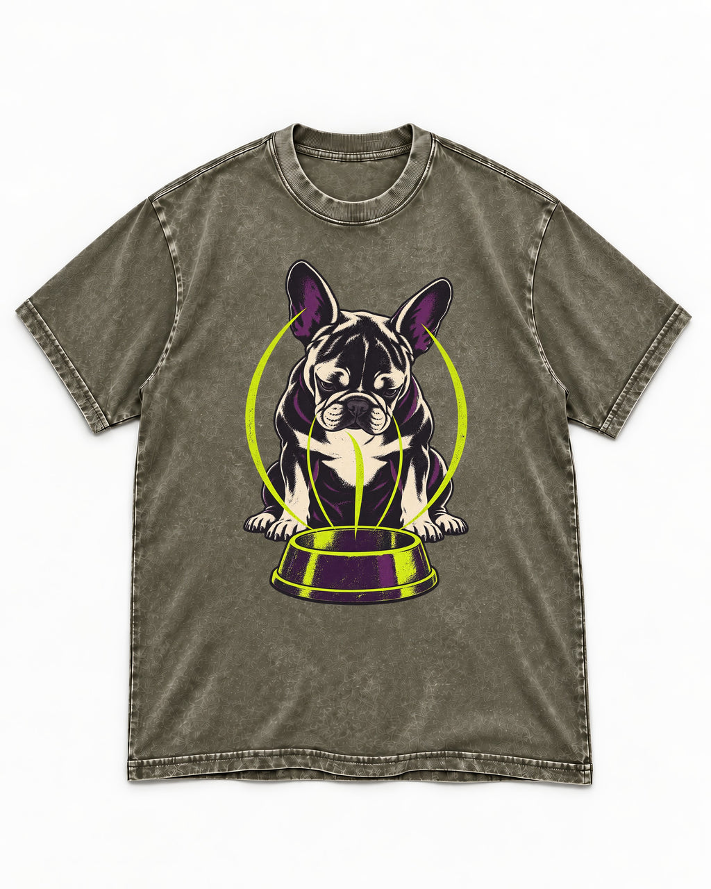 Frenchie Bowl Gravity Graphic Washed Tee in Army Green, flat lay product photo