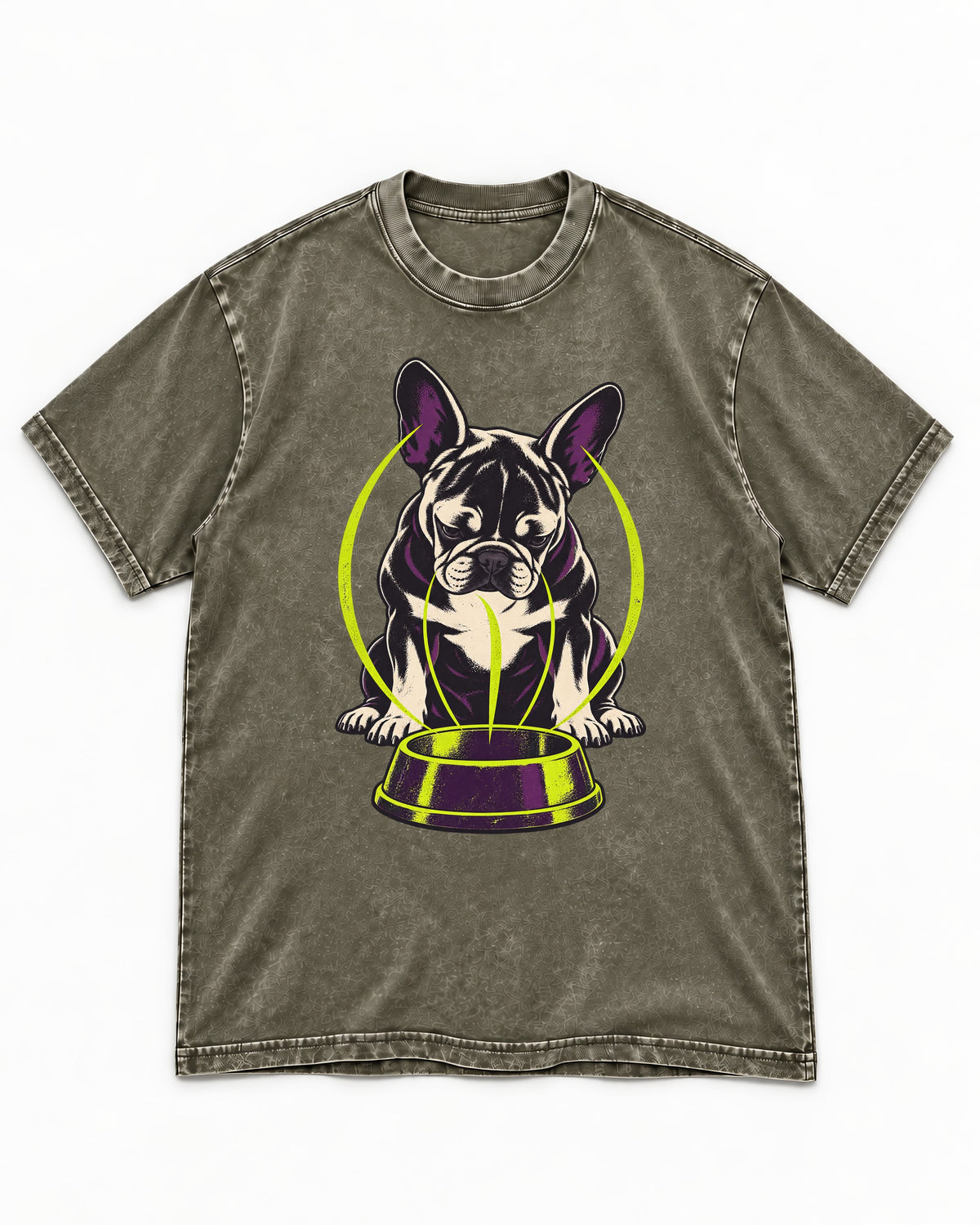 Frenchie Bowl Gravity Graphic Washed Tee in Army Green, flat lay product photo